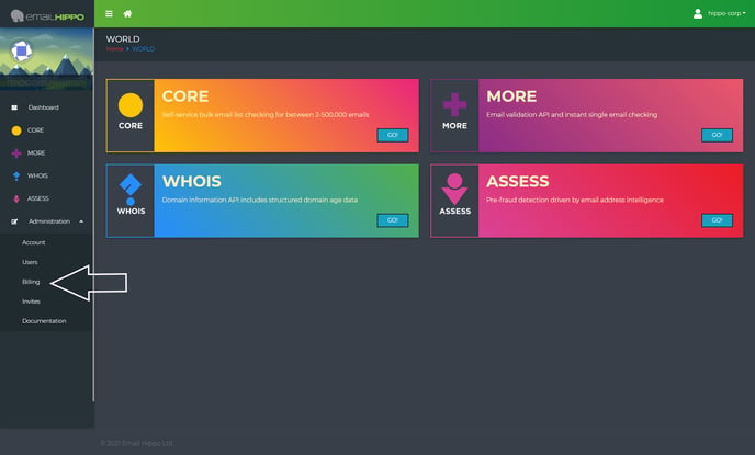 Hippo World Dashboard Billing