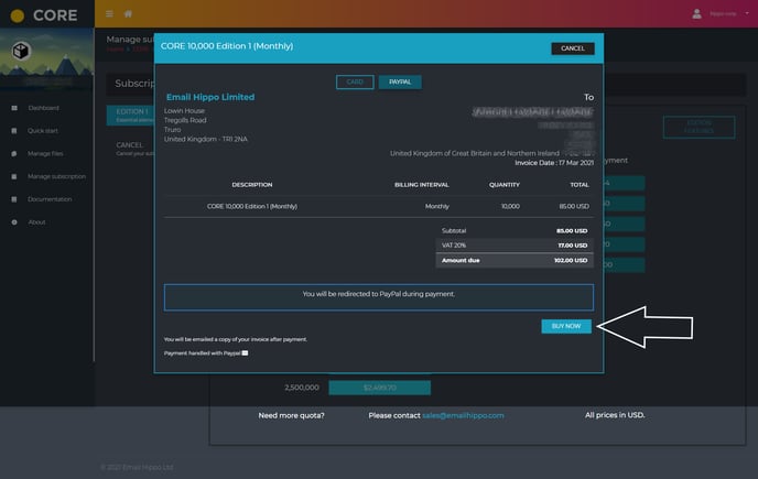 Card Payment Details CORE paypal